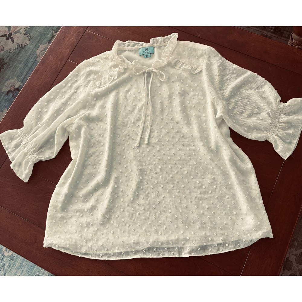CeCe White Swiss Dot Ruffle Tie Neck Blouse XL Smocked Puff Sleeve Top